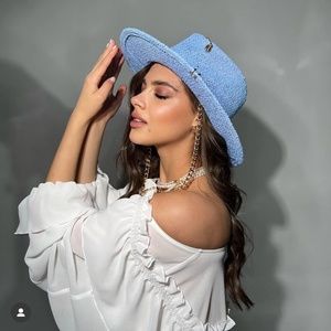 Audrey Style Raffia Blue Sunhat With Chain And Pin Women's Straw Panama Hat 55cm